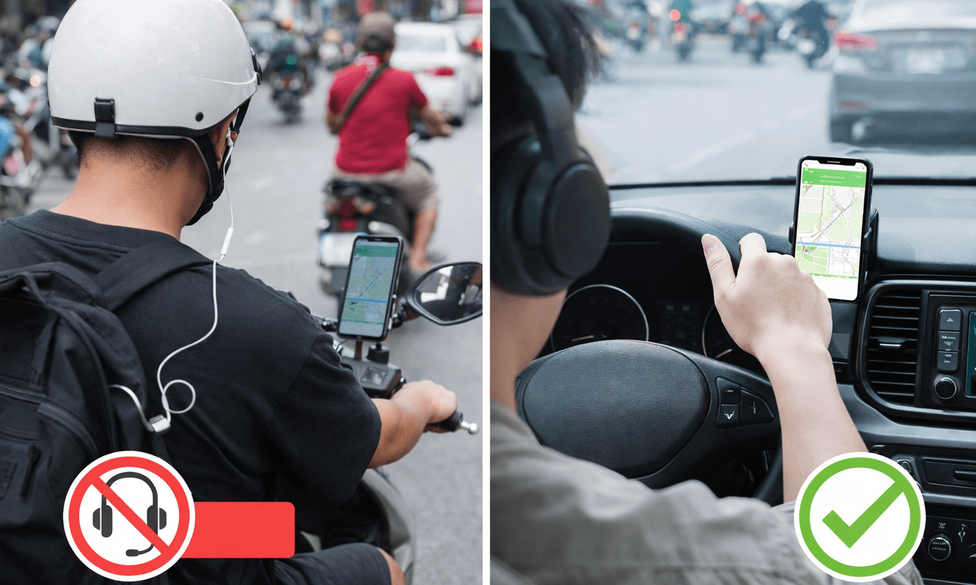 Tại sao người đi xe máy đeo tai nghe khi dùng Google Maps có thể bị phạt, còn người lái ô tô thì không