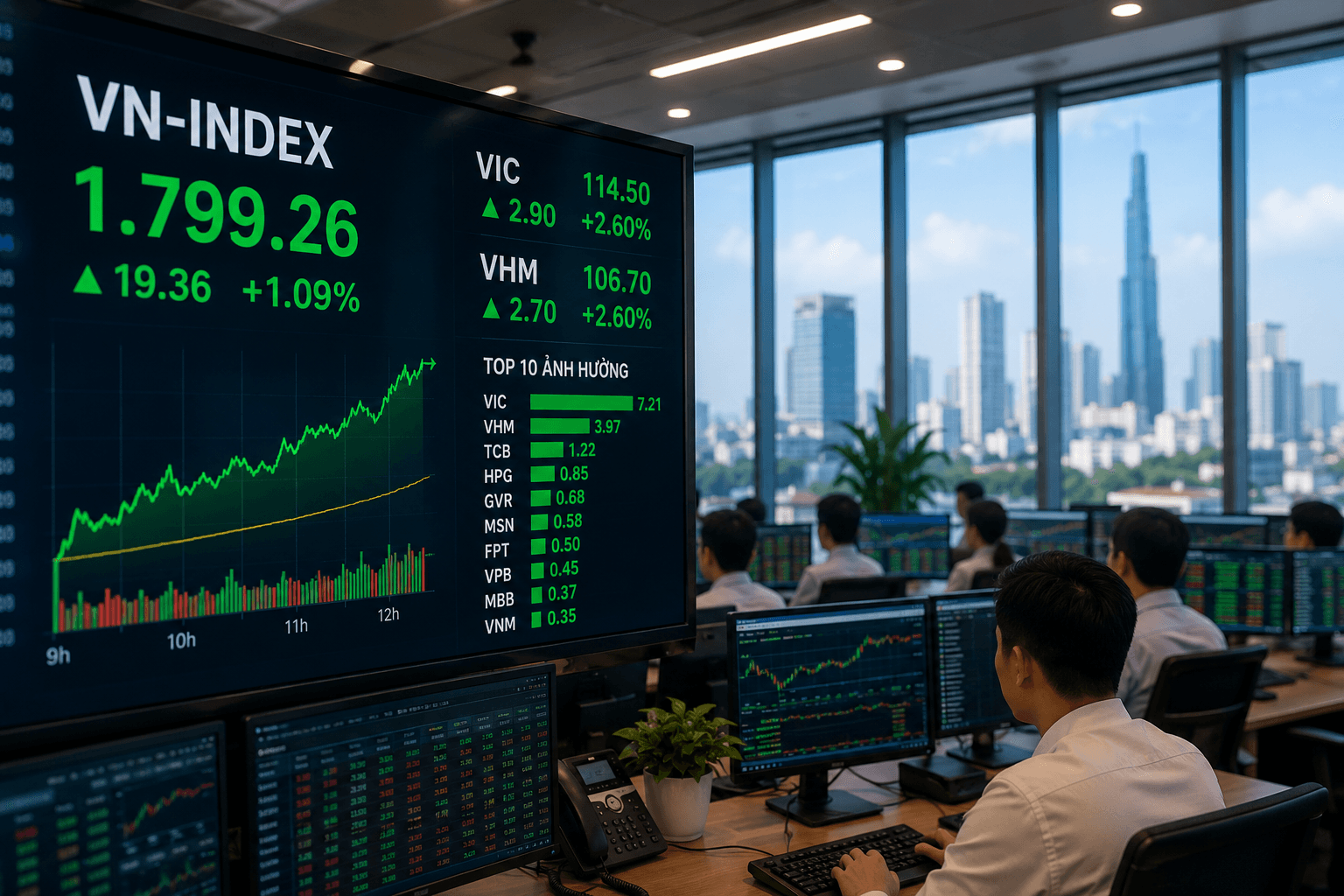 Cổ phiếu ngân hàng, bất động sản cùng tăng, VN-Index áp sát vùng kháng cự 1.800 điểm