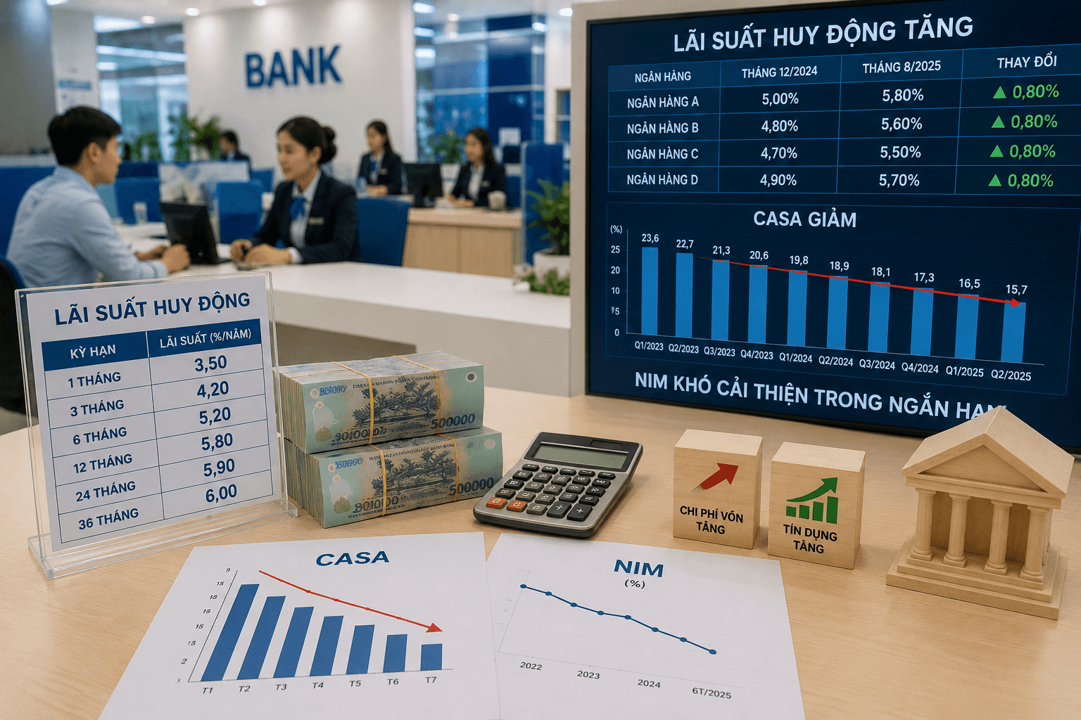 Lãi suất huy động tăng, NIM ngân hàng tiếp tục chịu áp lực trong nửa cuối năm
