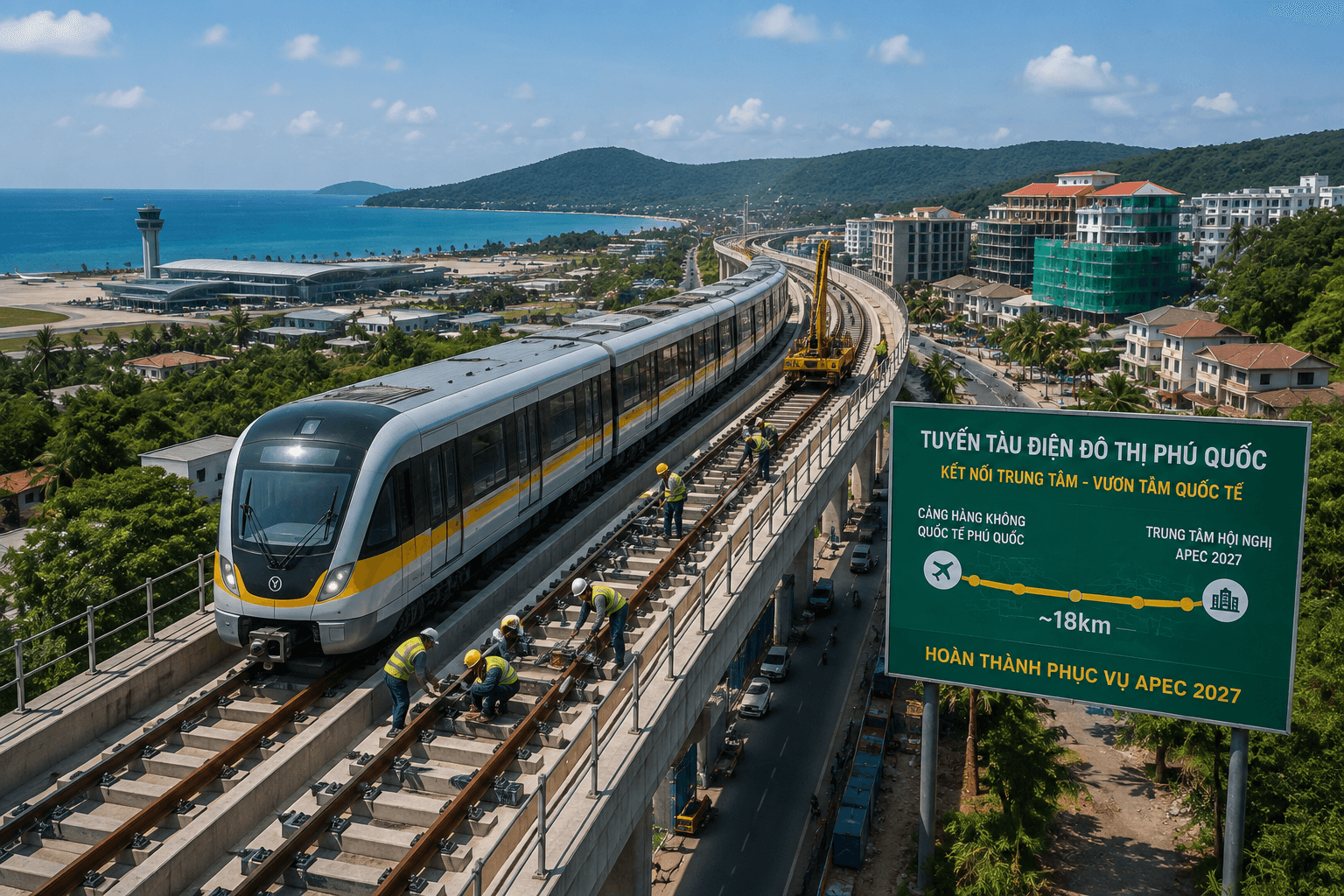 Tuyến tàu điện 9.000 tỷ đồng tại Phú Quốc bắt đầu lắp ray, hướng tới APEC 2027