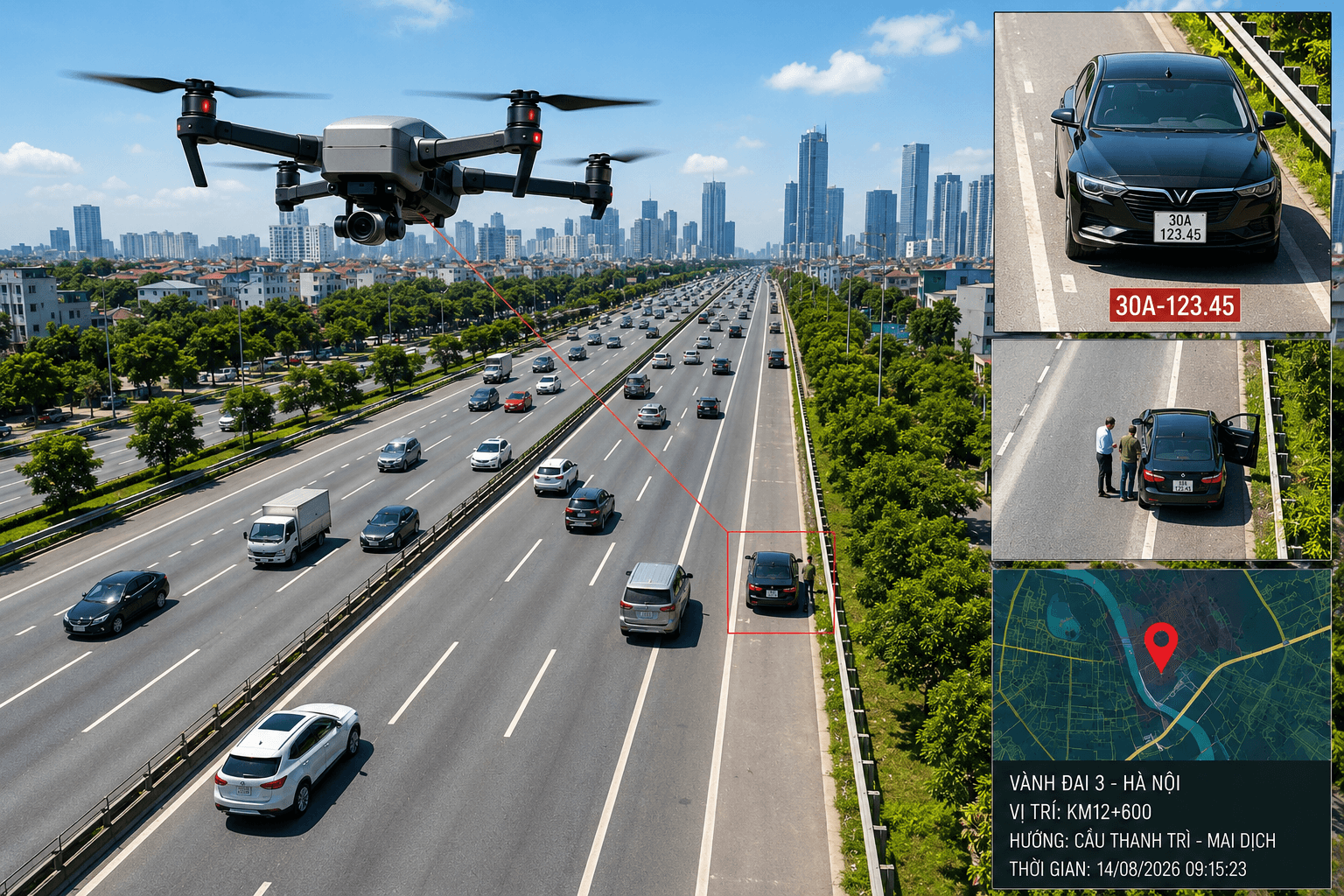 UAV “mắt thần” hỗ trợ CSGT Hà Nội bắt vi phạm trên Vành đai 3