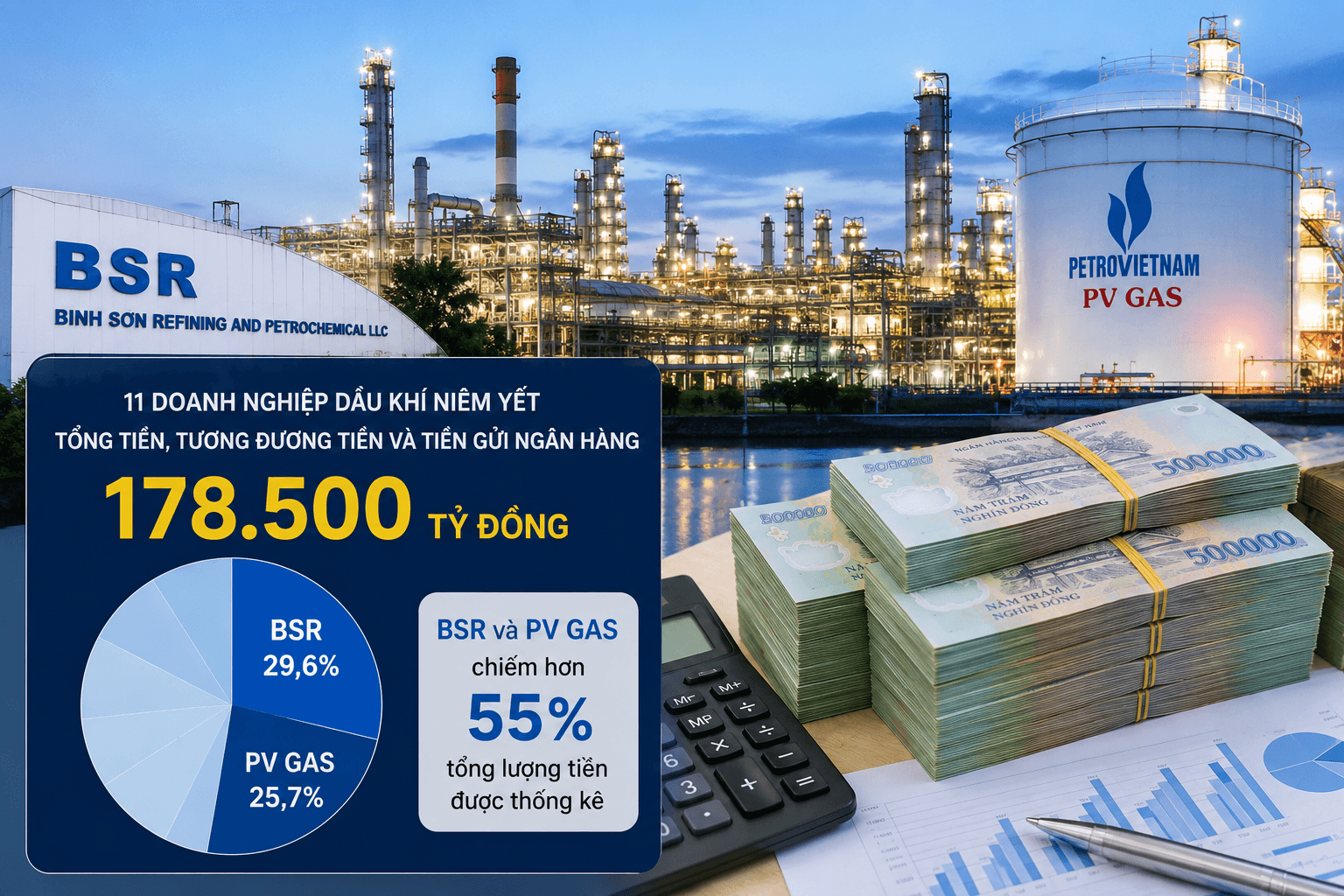 11 doanh nghiệp dầu khí nắm gần 180.000 tỷ đồng tiền mặt, BSR và PV GAS chiếm hơn 55%