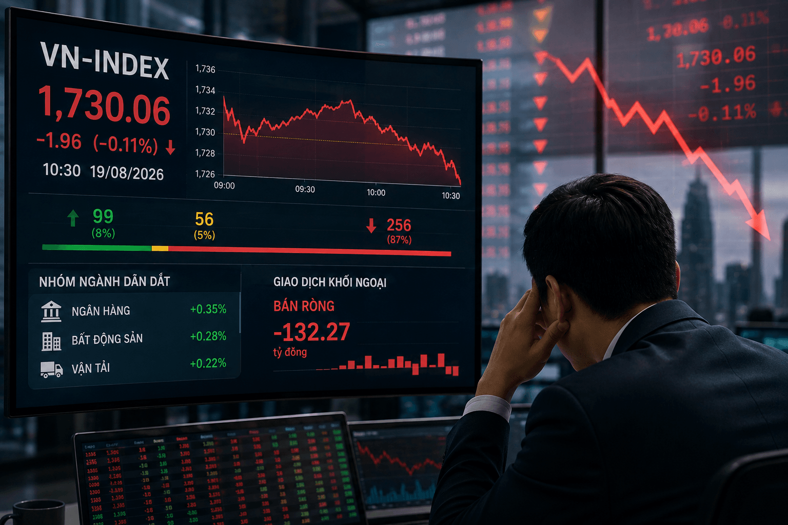 VN-Index giảm gần 2 điểm, áp lực bán lan rộng giữa phiên sáng 19/8