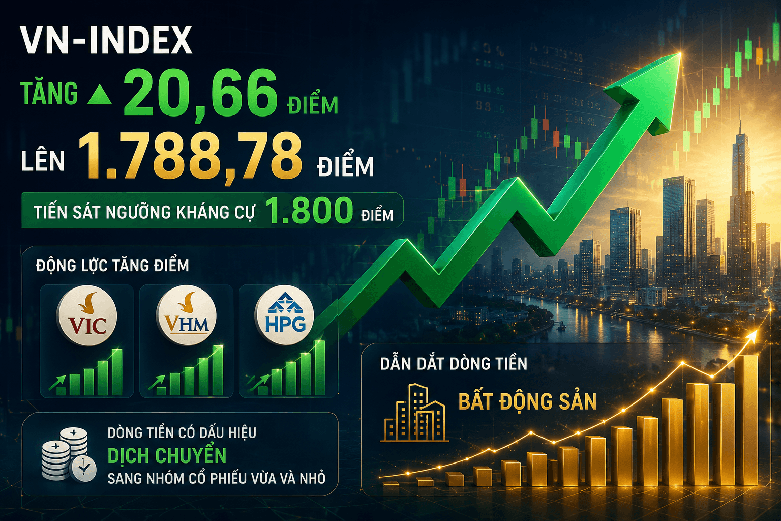 VN-Index tăng mạnh nhưng blue-chips suy yếu, dòng tiền tìm đến nhóm bất động sản