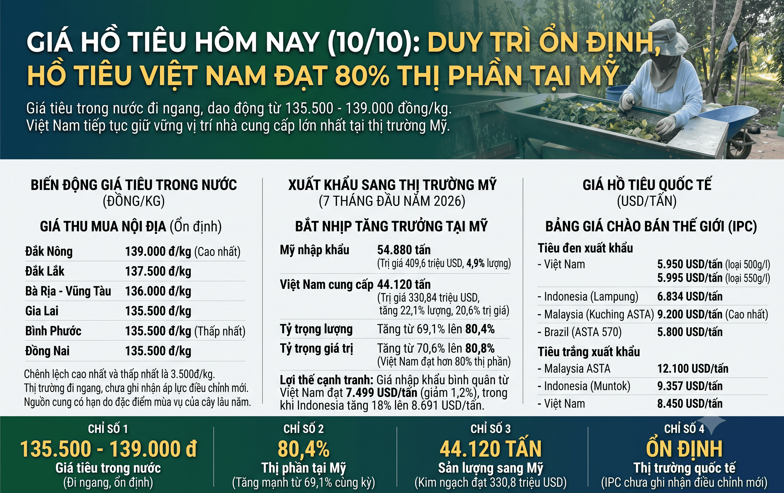 Giá hồ tiêu ngày hôm nay 10/10 duy trì mức ổn định, hồ tiêu Việt Nam đạt 80% thị phần tại Mỹ