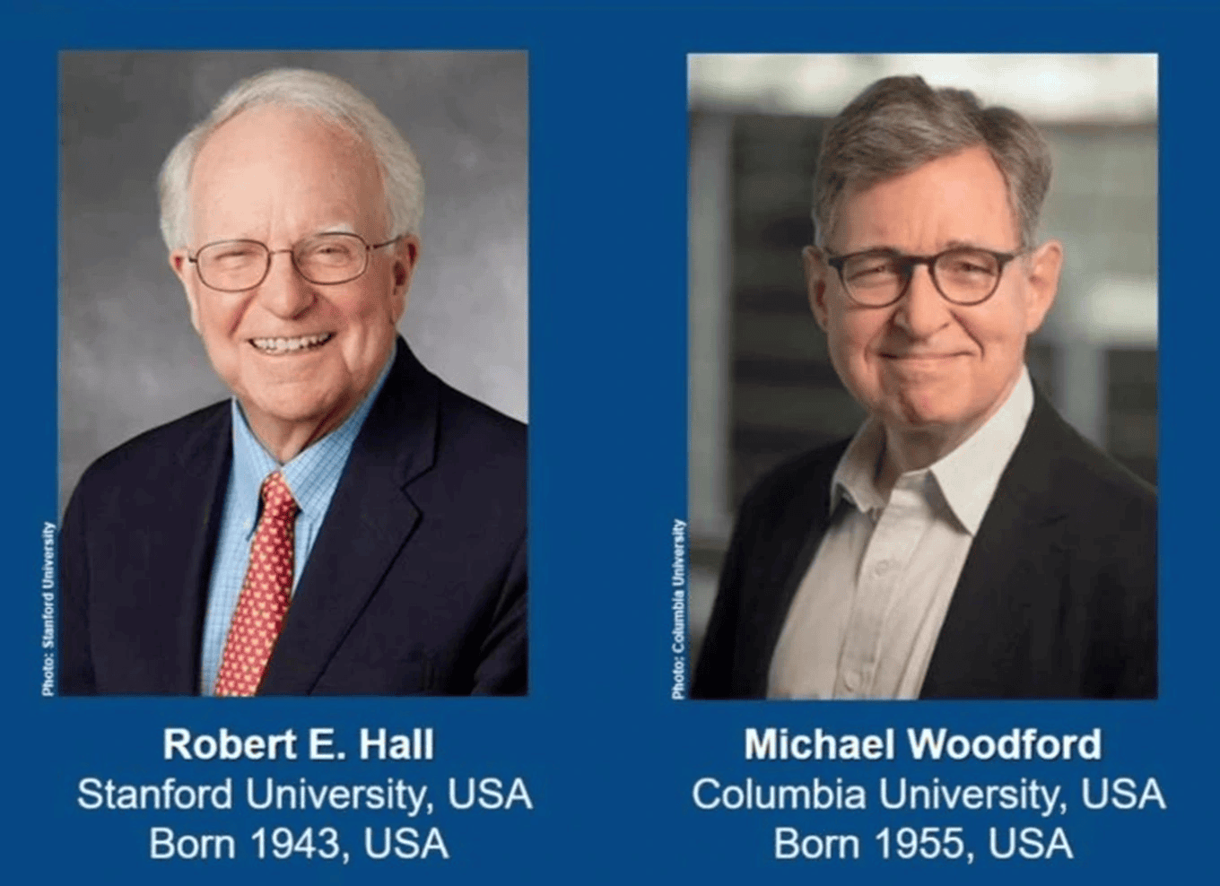 Hai nhà kinh tế học người Mỹ Robert E. Hall (Đại học Stanford) và Michael Woodford (Đại học Columbia) nhận giải Nobel 2026.png