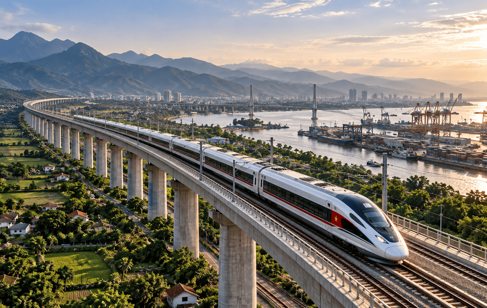 High-Speed Train Over Mountainous Port City.png
