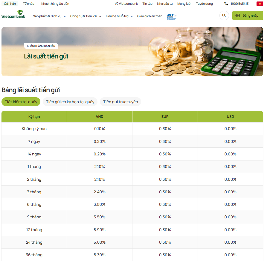 Lãi suất Vietcombank tháng 7/2026: Kỳ hạn dài cao nhất khoảng 6%/năm