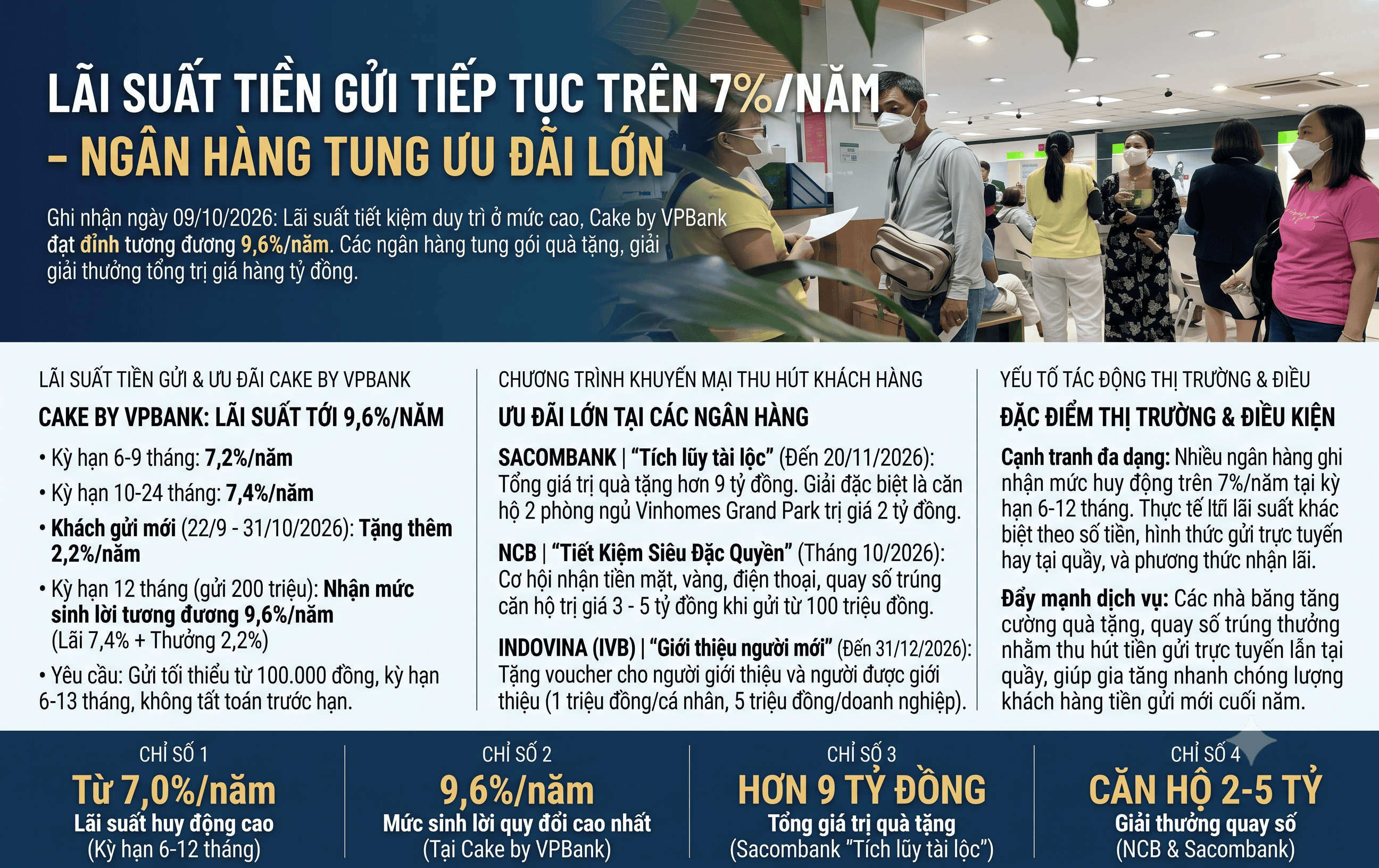 Lãi suất ngày hôm nay 9/10 ghi nhận mức lãi từ 7%/năm, nhiều chương trình khuyến mại thu hút khách hàng.