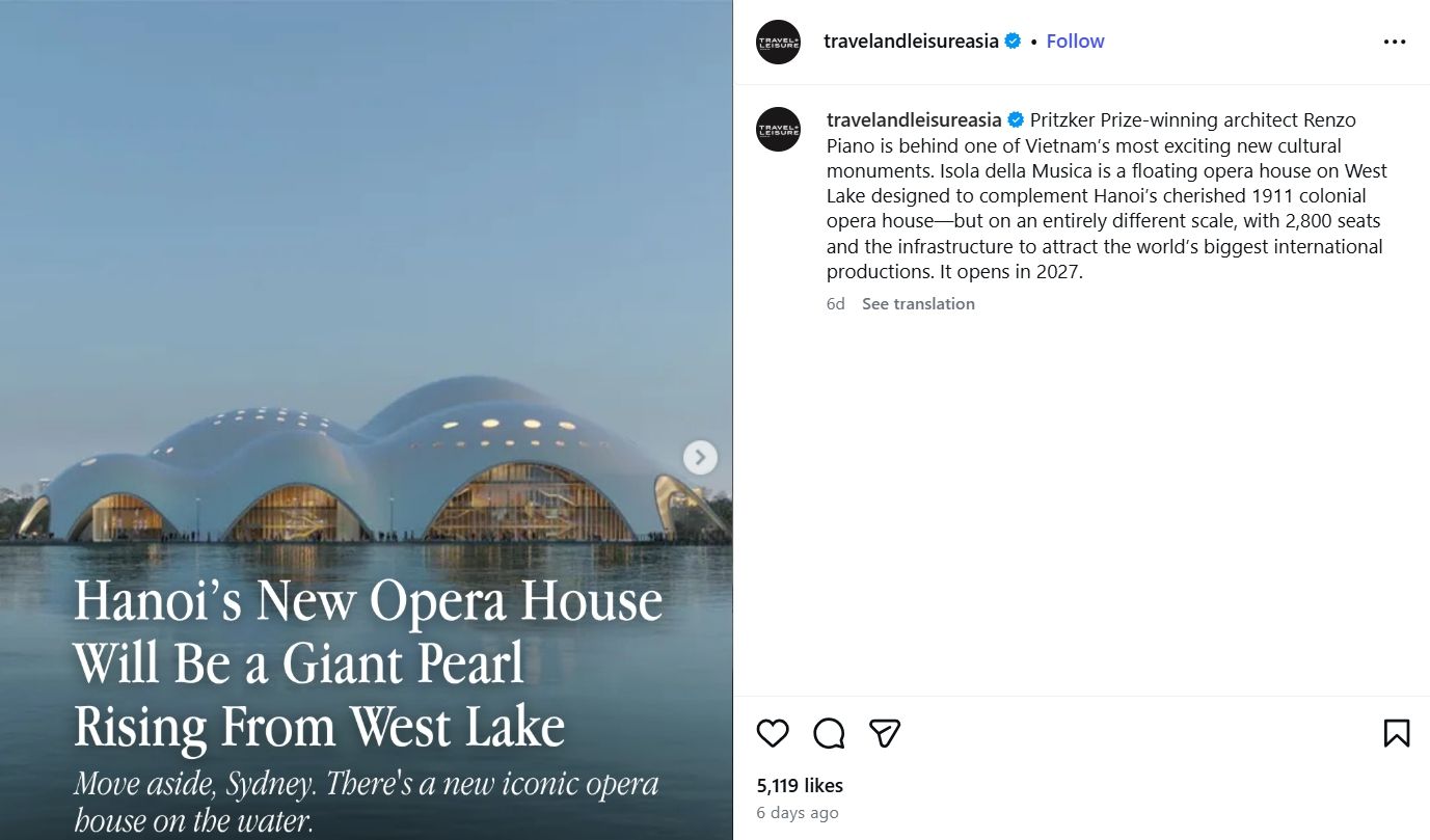 Dự án Nhà hát Opera Hà Nội của Sun Group trị giá 12.756 tỷ đồng, quy mô 19,1 ha, được Travel + Leisure Asia ca ngợi là biểu tượng toàn cầu tiềm năng.