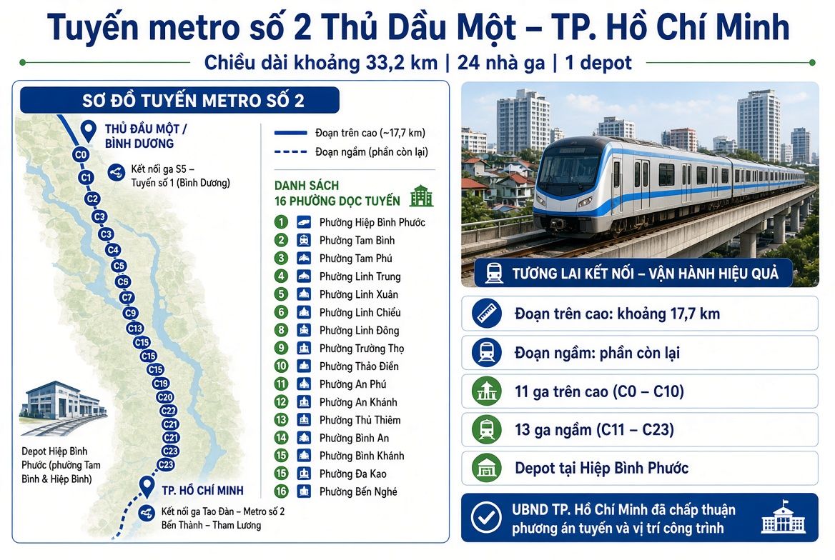 Tuyến Metro số 2 Thủ Dầu Một - TP. Hồ Chí Minh dài 33,2 km, có 24 nhà ga