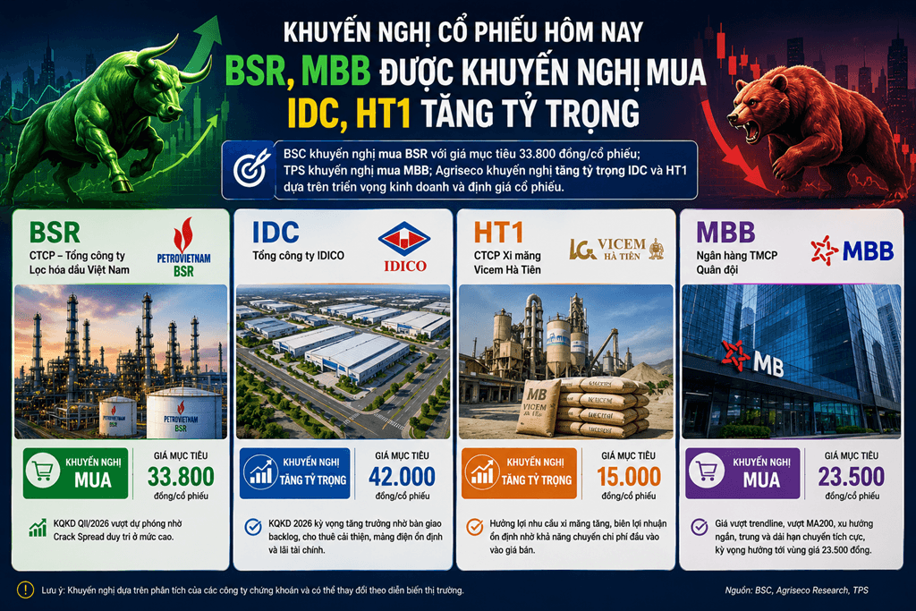 Khuyến nghị cổ phiếu hôm nay: BSR, MBB được khuyến nghị mua; tăng tỷ trọng IDC, HT1