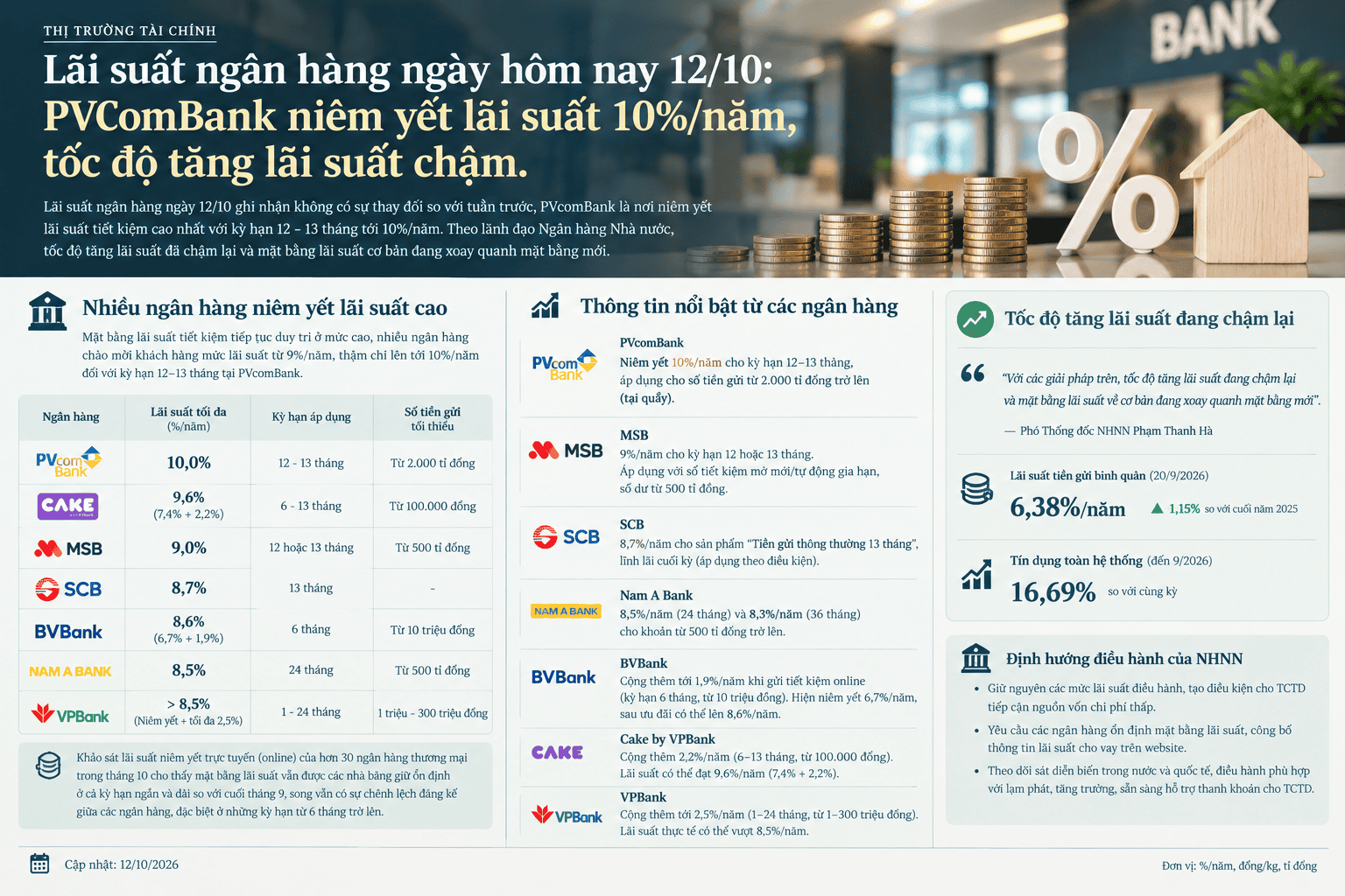 Lãi suất ngân hàng ngày hôm nay 12/10: PVcomBank niêm yết lãi suất 10%/năm, tốc độ tăng lãi suất chậm.