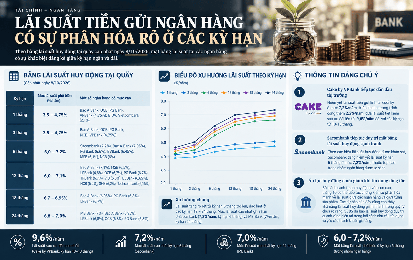 Lãi suất ngày hôm nay 8/10: Mặt bằng lãi suất huy động kỳ hạn 6 tháng cạnh tranh