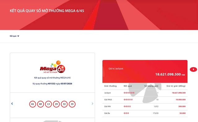 Vietlott Mega 6/45 Jackpot worth over 18.6 billion VND awarded in the 5 July 2026 draw; ticket issued in Huế identified.